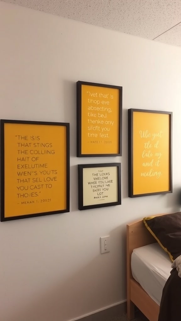 Framed inspirational quotes in mustard yellow color on a dorm room wall.