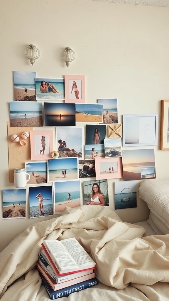 A beach photo collage on a wall, featuring various beach images and decorative elements.