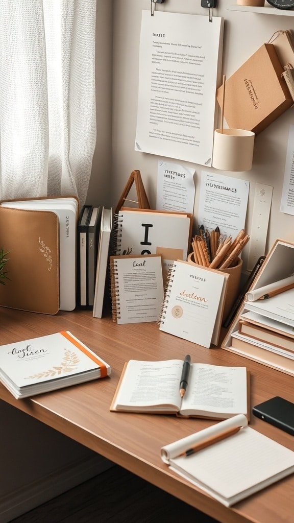 A well-organized desk featuring taupe-inspired accessories, including notebooks, pens, and storage solutions.