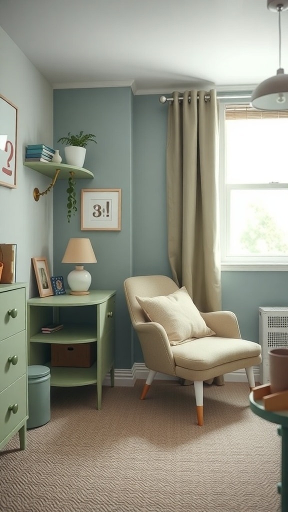 A cozy dorm room corner featuring sage green furniture accents, including a chair and side table, with muted blue walls.