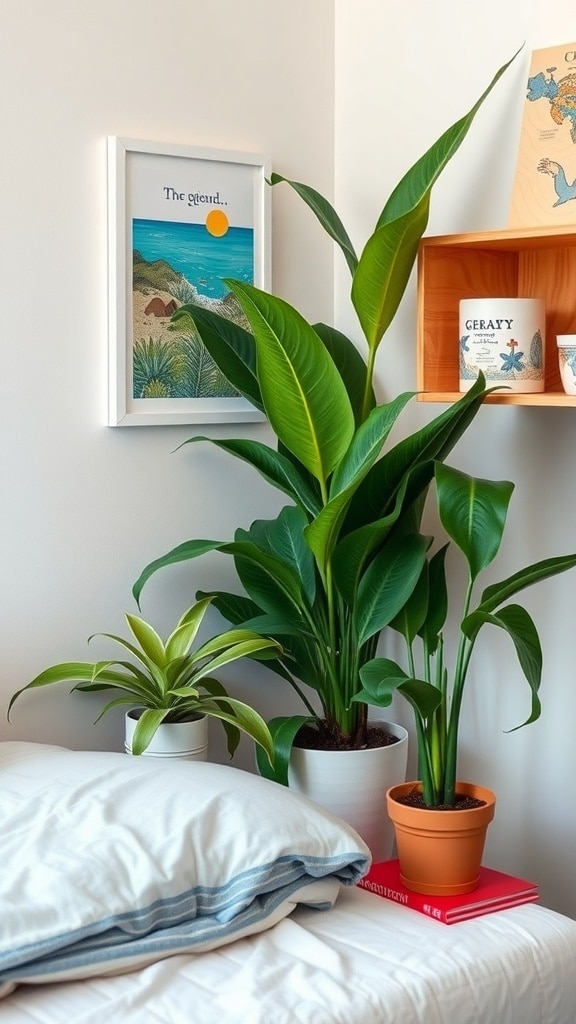 A cozy dorm room corner with tropical plants arranged beside a bed, featuring a large leafy plant and smaller ones in decorative pots.