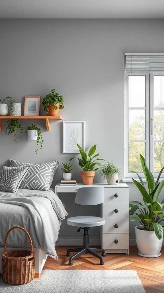 A modern gray dorm room featuring indoor plants, a bed with gray bedding, a desk with a chair, and wooden flooring.