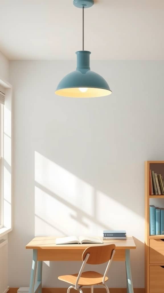 A soft blue pendant light hanging above a wooden desk in a bright room.