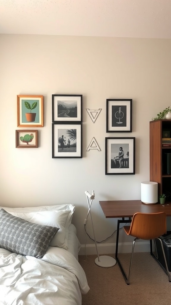 A cozy dorm room featuring a greige accent wall with framed artwork, a bed, and a desk.