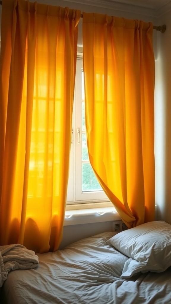 Mustard yellow curtains hanging by a window in a dorm room