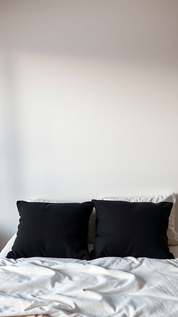 Two stylish black throw pillows on a bed with white bedding