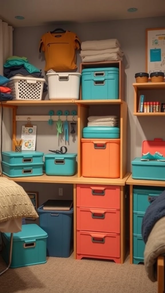 Colorful storage solutions in a teal dorm room with shelves and bins