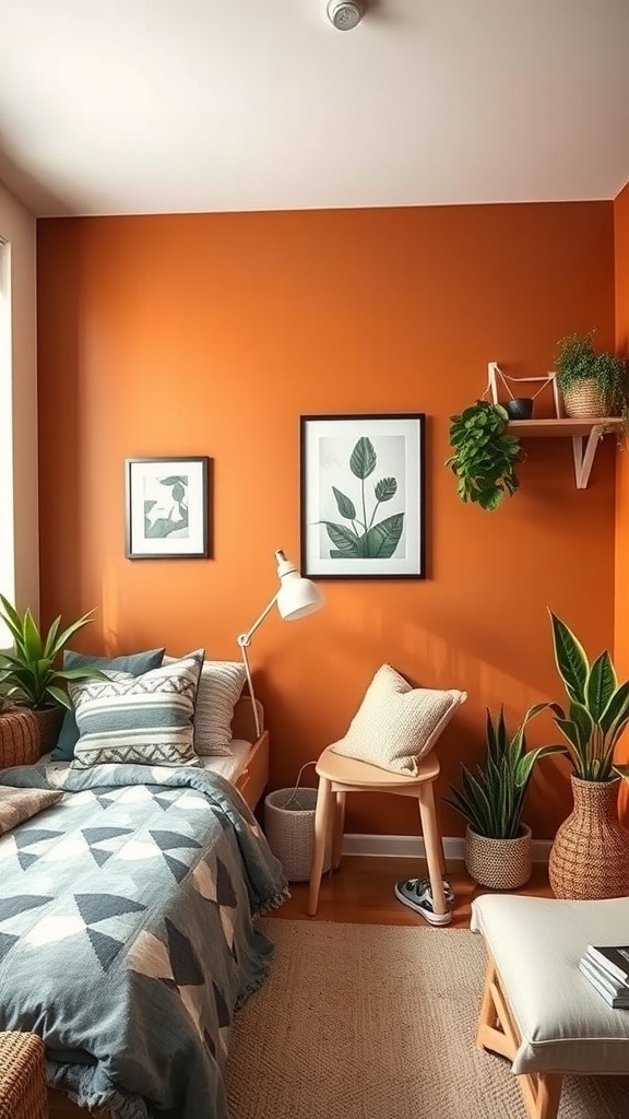 A cozy dorm room featuring a warm ochre accent wall, plants, and stylish decor.