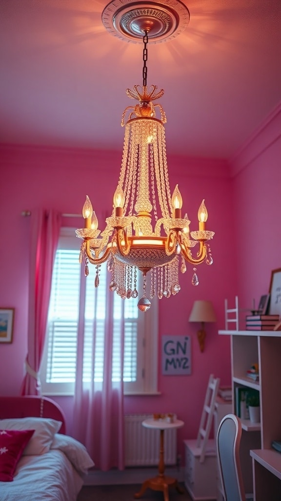 Art Deco chandelier in a pink dorm room