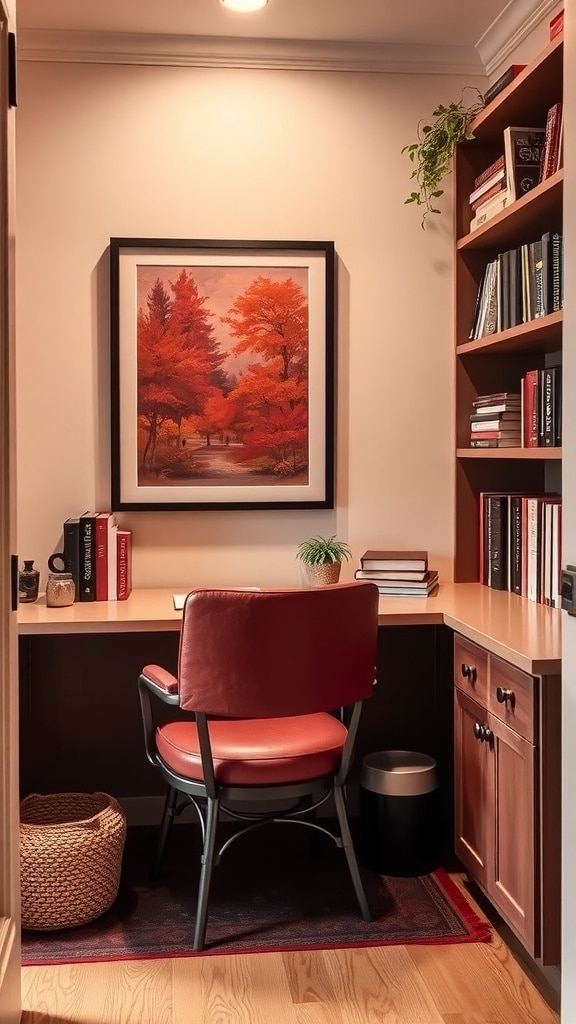 A cozy study nook featuring a red chair, a desk with books, and a painting of autumn trees.