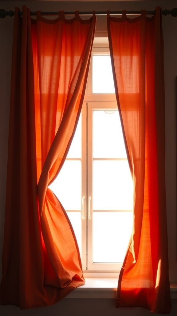 Rust orange curtains hanging by a window, allowing sunlight to filter through.