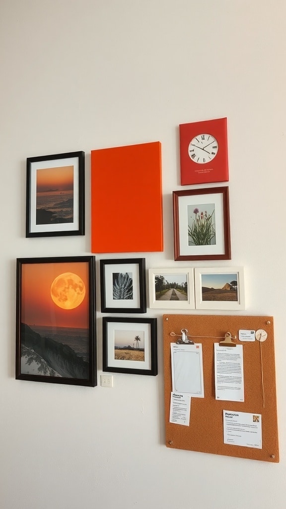 Gallery wall featuring rust orange canvas and various framed pictures