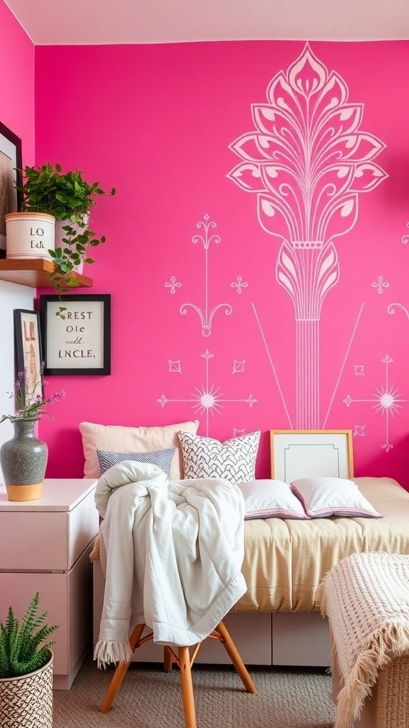 A vibrant pink accent wall with white designs in a cozy dorm room featuring a bed, pillows, and plants.