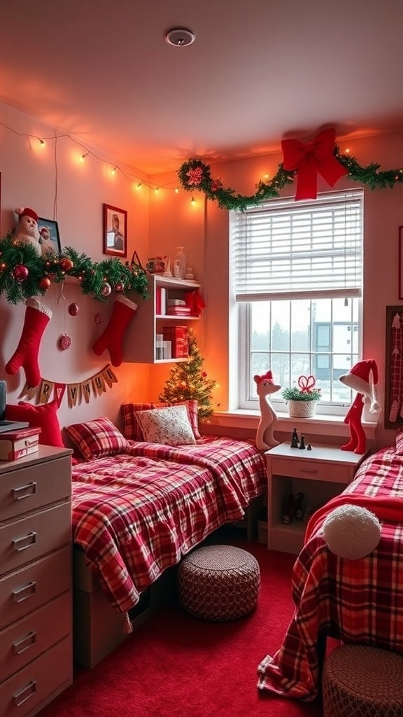 A cozy red-themed dorm room decorated for the holidays with plaid bedding, stockings, and a small Christmas tree.