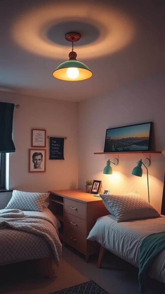 A teal-themed dorm room featuring a pendant light and wall-mounted lamps, creating a cozy atmosphere.