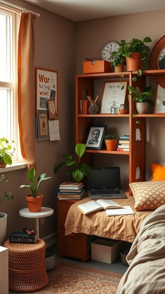 A cozy study corner featuring earthy ochre tones, wooden shelves with books, plants, and a laptop.