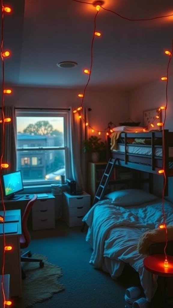 A cozy dorm room with orange string lights hanging around, creating a warm atmosphere.