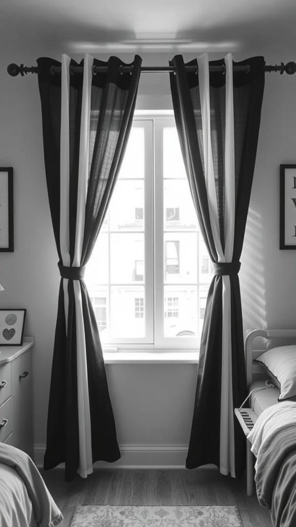 Bold black and white window curtains in a dorm room