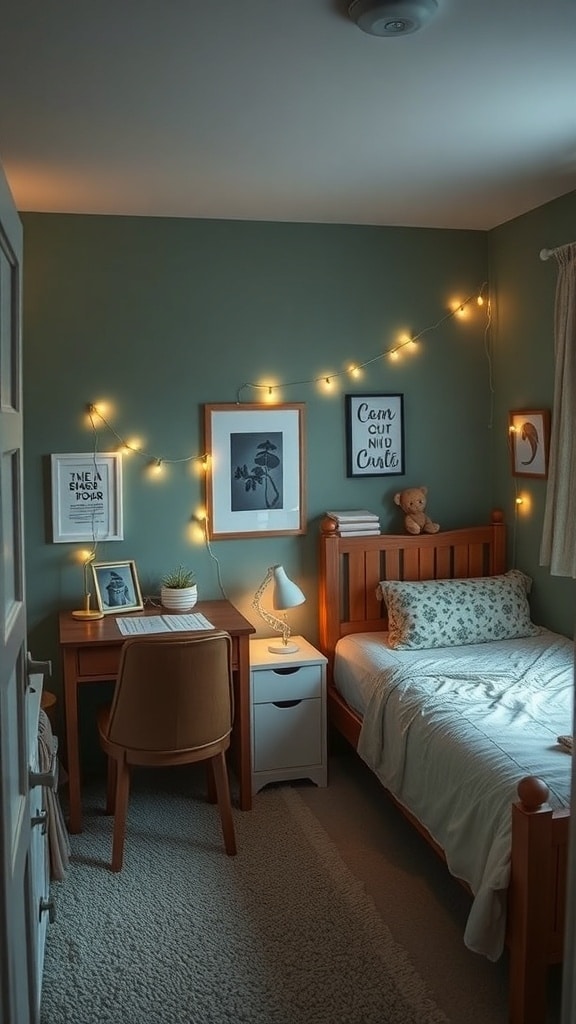 A cozy dorm room featuring a sage green accent wall, wooden furniture, and fairy lights.