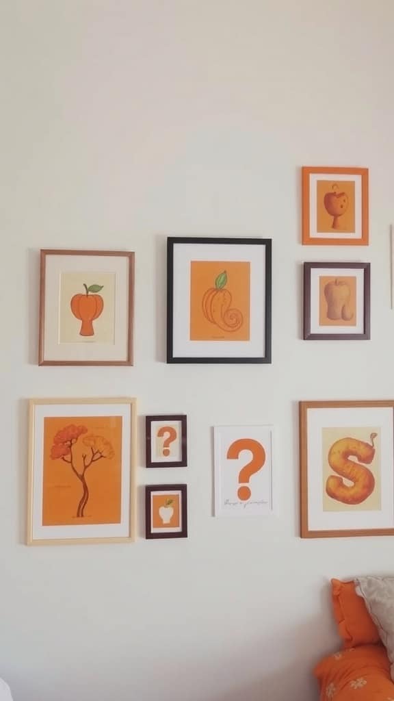 A collection of orange art prints on a wall, featuring various designs and frames.