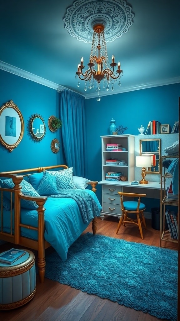 A stylish dorm room featuring peacock blue walls, a chandelier, and metallic accents.