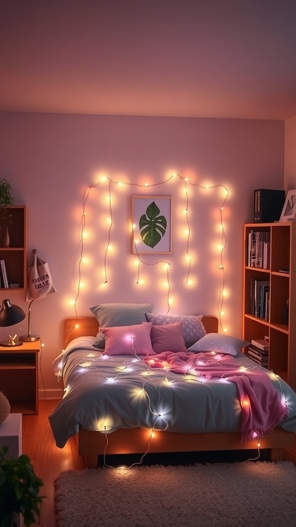 A cozy dorm room with lavender string lights hanging around the bed, creating a warm atmosphere.