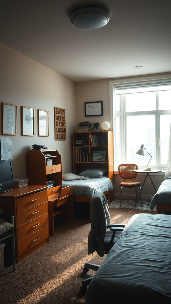 A cozy dorm room with natural light and warm ochre tones.