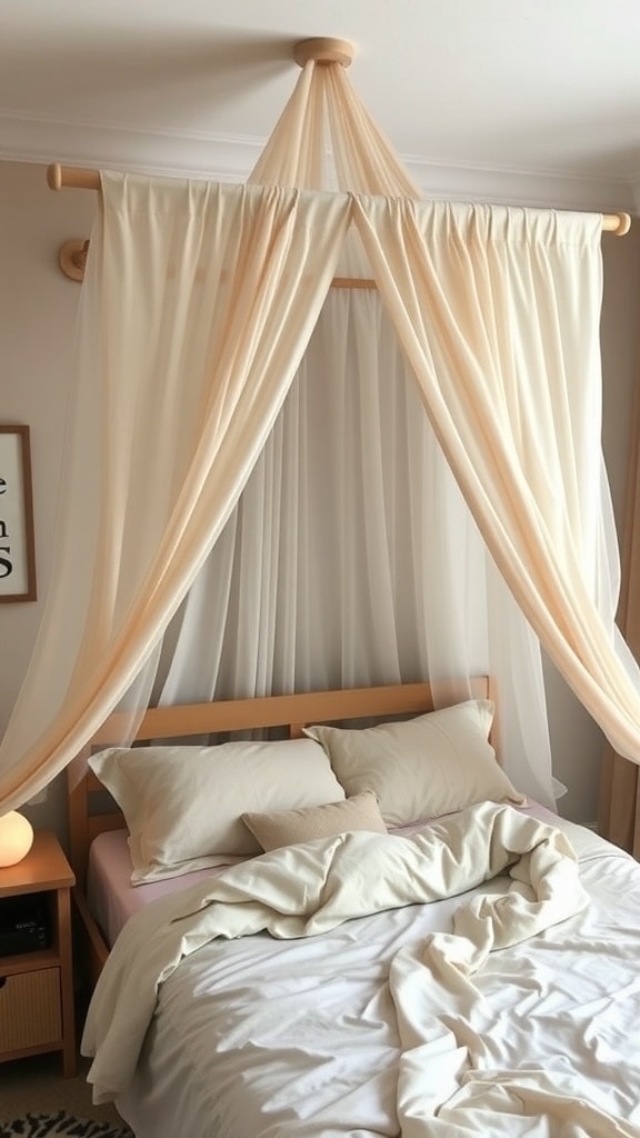 A cozy bed with a soft canopy draped over it, creating a warm and inviting atmosphere.