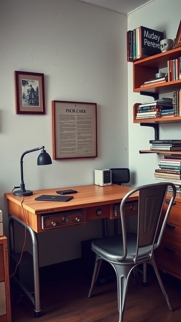 A cozy workspace featuring a vintage wooden desk, metal chair, and shelves filled with books.