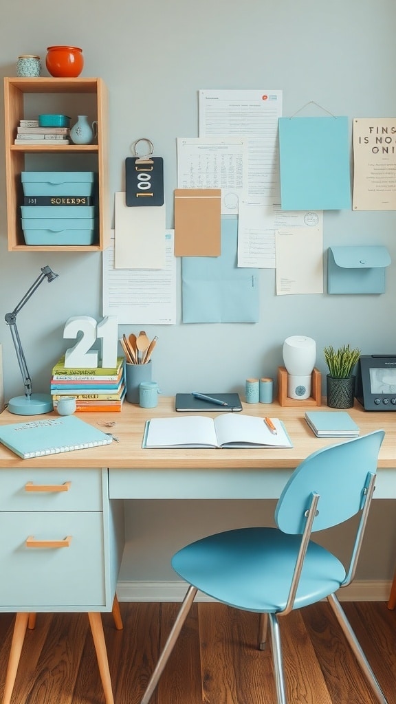 A mid-century styled desk with light blue accessories, featuring a lamp, books, and decorative items.