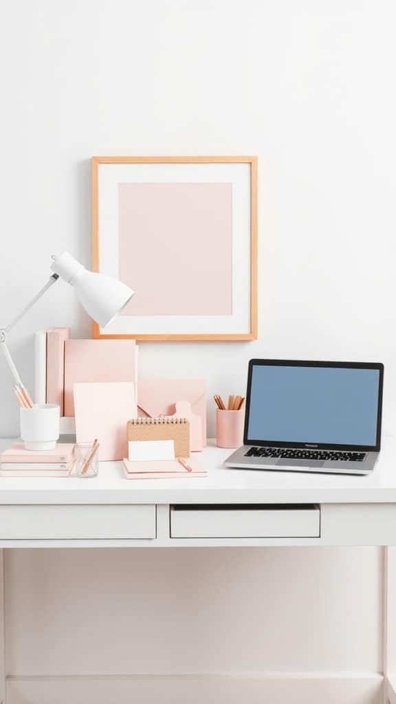 A stylish desk setup featuring blush pink accessories, a laptop, and a lamp.