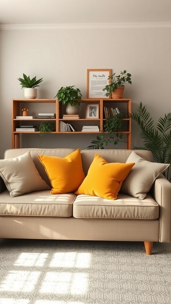 A cozy couch with mustard yellow decorative pillows, surrounded by plants and a bookshelf.
