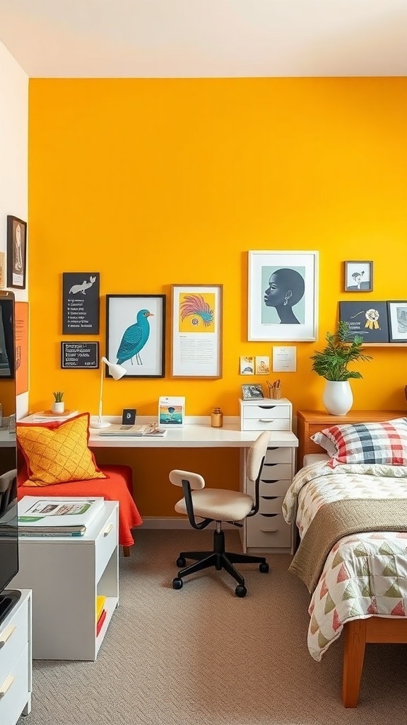 A dorm room featuring a vibrant mustard yellow accent wall with framed artwork, a desk, and a cozy bed.
