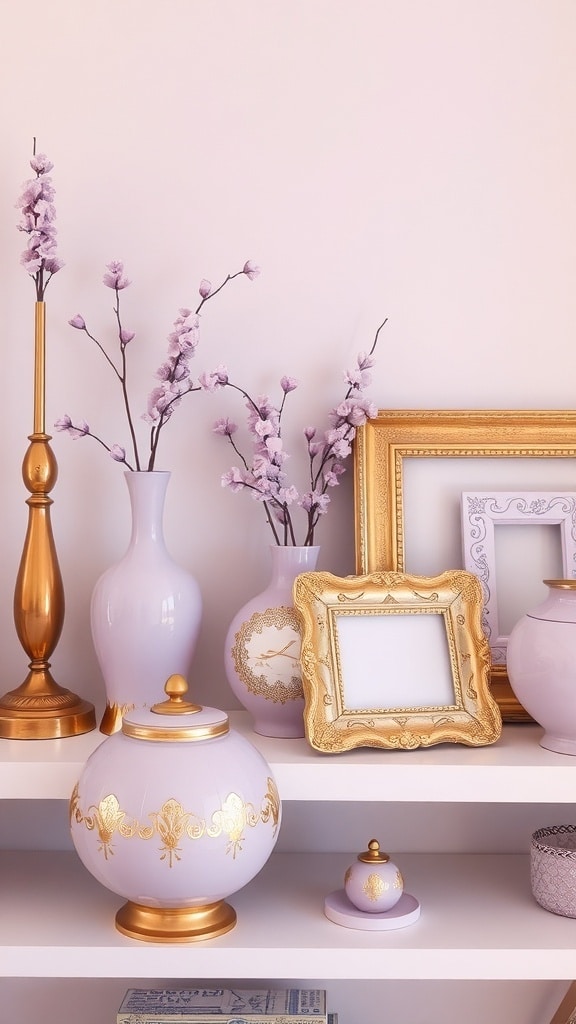 Decorative shelf with lavender and gold accents, featuring vases, jars, and picture frames.