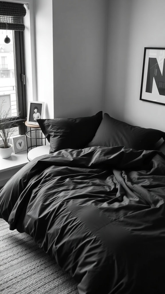 A cozy dorm room bed with sleek black bedding and white sheets.