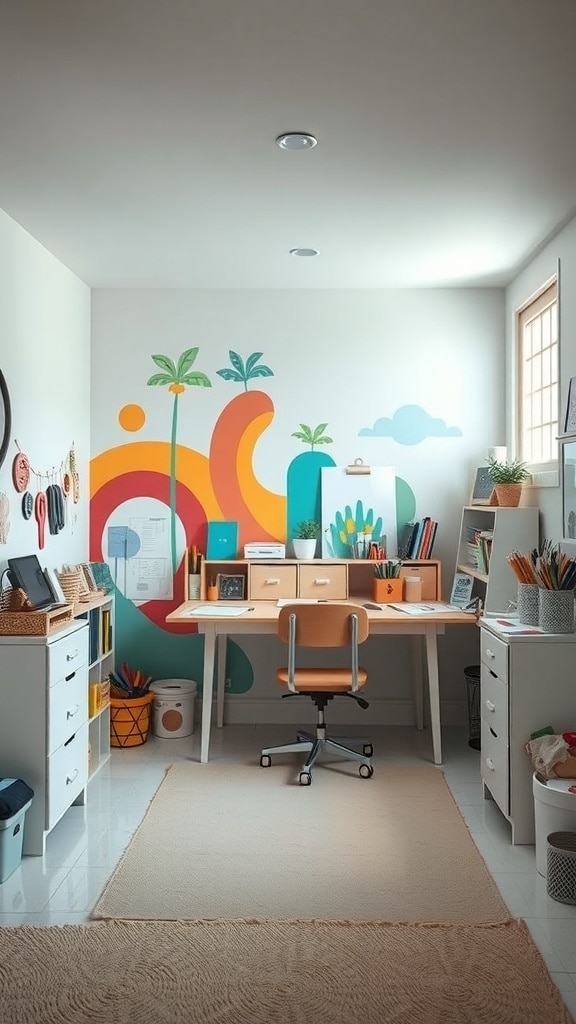 A bright and colorful wall mural in a dorm room featuring swirls and palm trees, with a desk and study area.