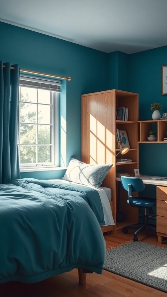 A dorm room featuring peacock blue walls and natural wood furniture, with a bed, desk, and window.