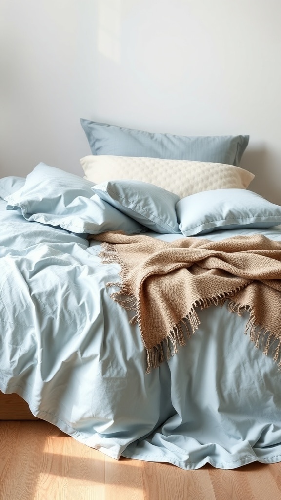 A neatly made bed with dusty blue bedding and pillows, featuring a warm throw blanket.