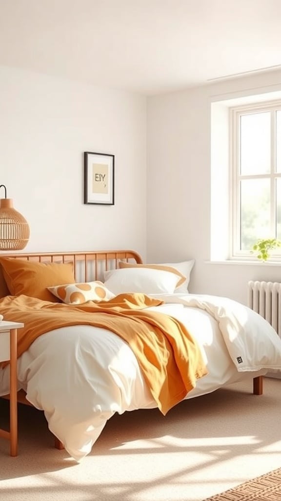 A cozy dorm room featuring ochre and white bedding, with a wooden bed frame and natural light.