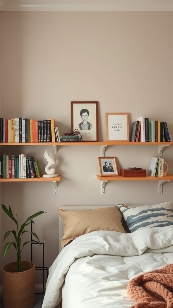 Chic wall shelves in a dorm room with books, framed photos, and a plant.