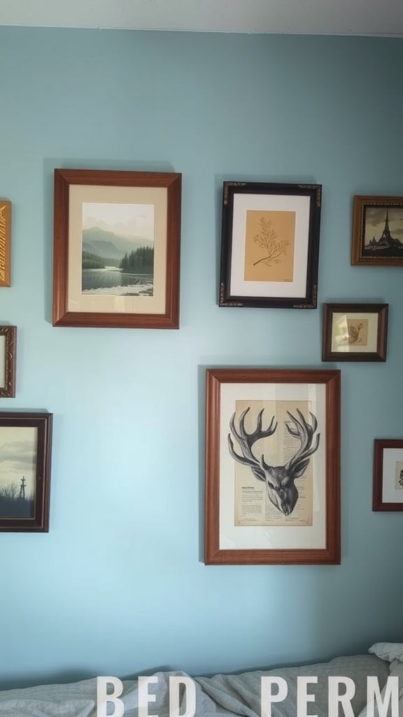 A wall with various framed artworks in a dusty blue dorm room.