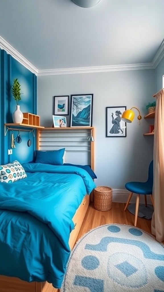 A stylish dorm room featuring peacock blue bedding, light blue walls, wooden furniture, and colorful accents.