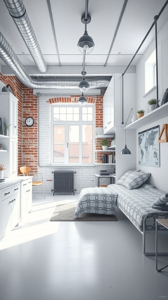 A chic industrial style dorm room featuring exposed brick walls, metal accents, and a cozy bed.