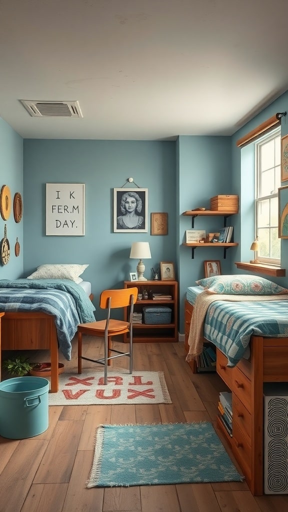 A rustic modern dorm room with dusty blue walls, two beds, wooden furniture, and decorative elements.