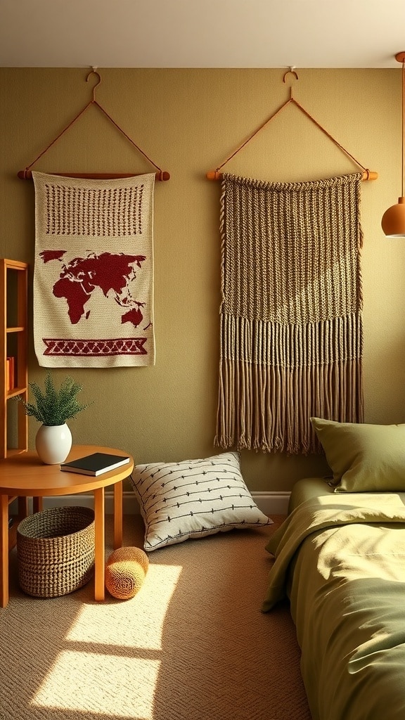 A cozy dorm room featuring textured wall hangings, including a world map and macramé design, against olive green walls.