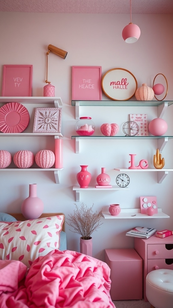 A pink-themed dorm room with Art Deco-inspired accessories including vases, framed art, and decorative items on shelves.