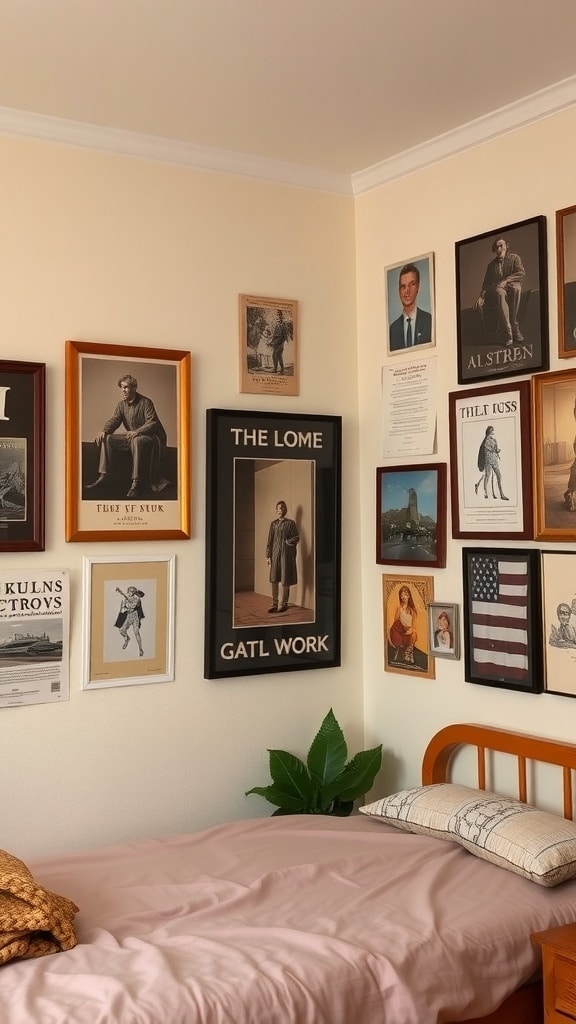 A wall in a dorm room decorated with vintage posters and artwork, featuring various framed images and a bed with a pink blanket.