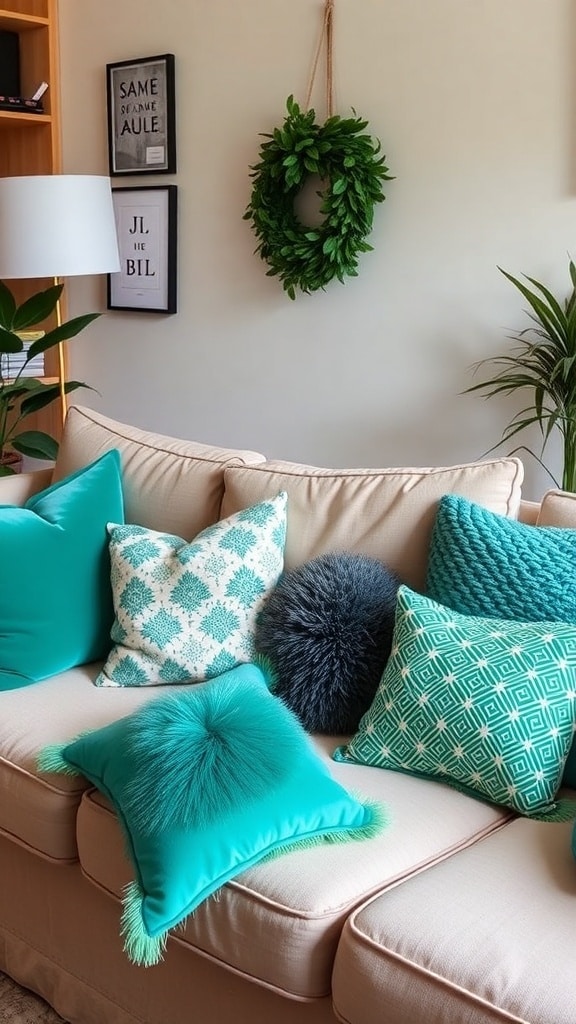 A cozy couch with a variety of emerald green and teal throw pillows, showcasing different textures and patterns.