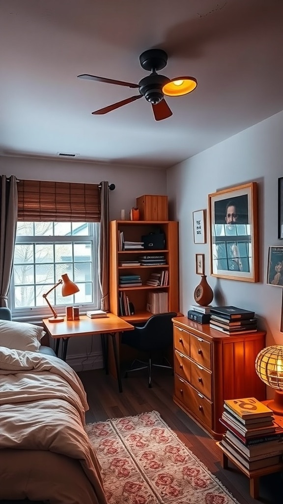 A cozy dorm room featuring burnt sienna lighting fixtures, including a ceiling fan and desk lamp.
