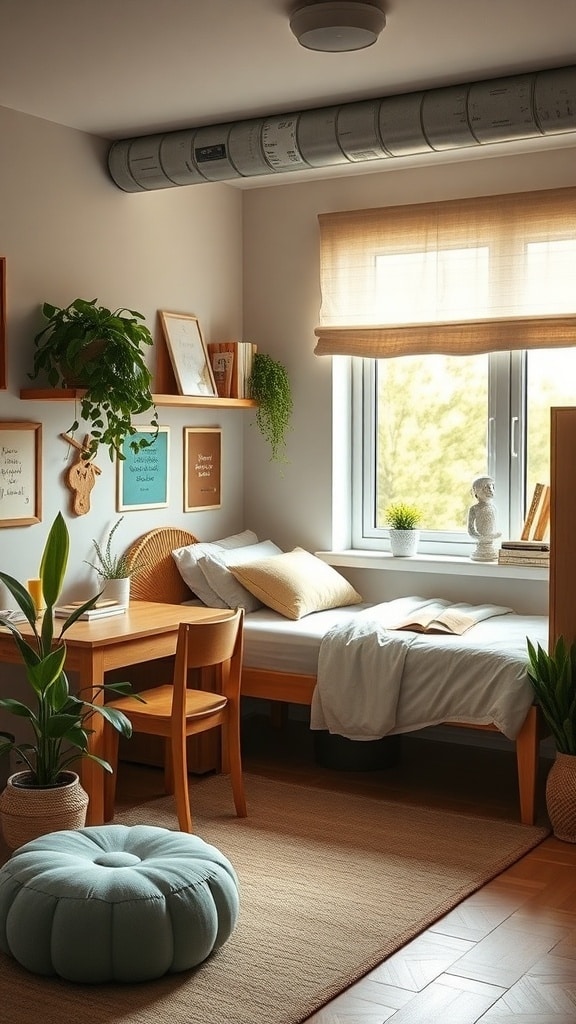 A cozy boho beige dorm room featuring a wooden bed, desk, plants, and soft decor.